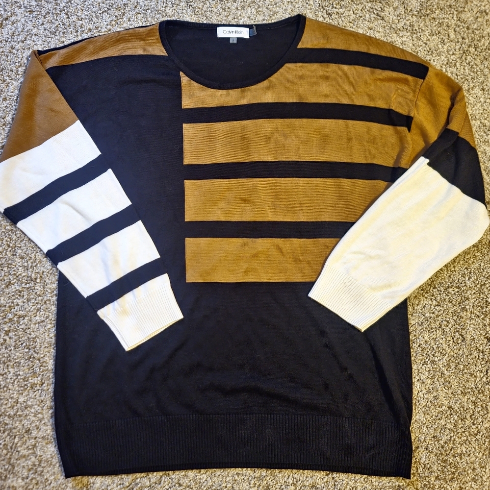 Calvin Klein Black and Brown Crewneck Sweater with Contemporary Design